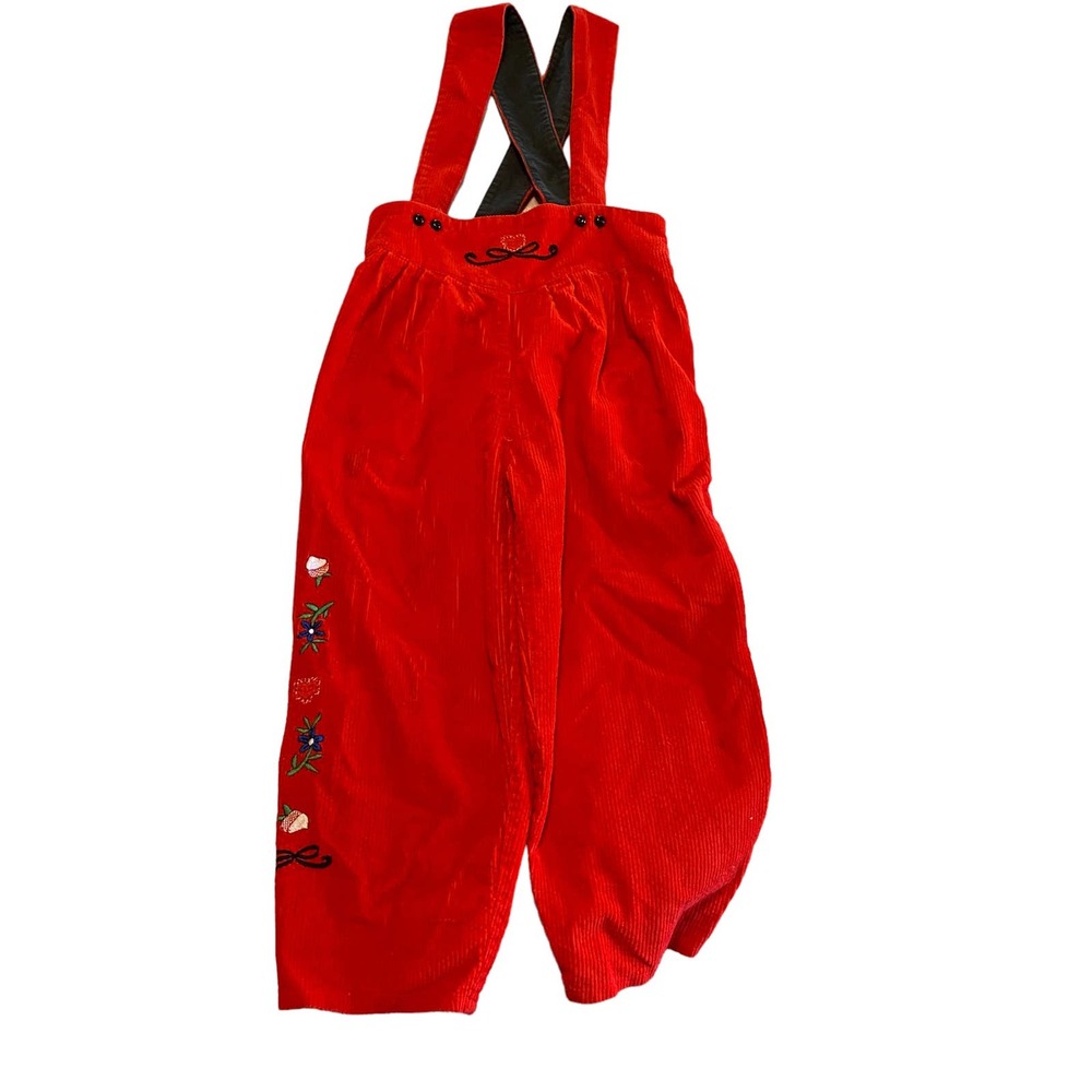 Vintage Girls Corduroy Jumpsuit Size 6 Red with Embroidery